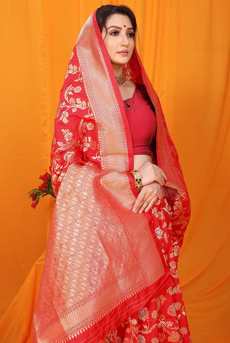 Red banarasi silk blend saree with rich zari floral weaving