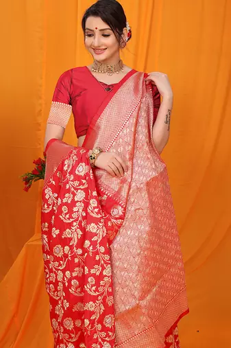 Red banarasi silk blend saree with rich zari floral weaving