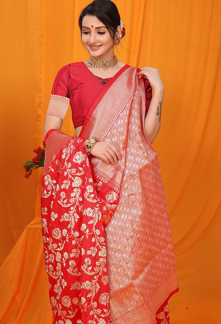 Red banarasi silk blend saree with rich zari floral weaving