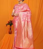 Light pink banarasi silk blend saree with rich zari floral weaving