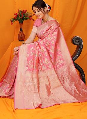Light pink banarasi silk blend saree with rich zari floral weaving 2