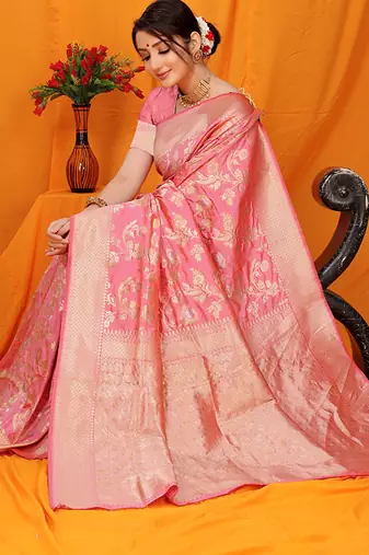 Light pink banarasi silk blend saree with rich zari floral weaving