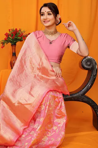 Light pink banarasi silk blend saree with rich zari floral weaving