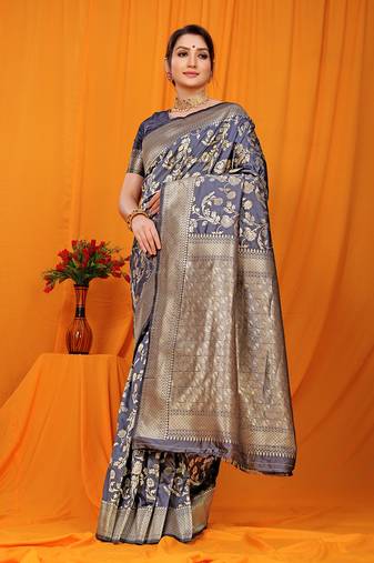 Slate grey banarasi silk blend saree with rich zari floral weaving