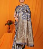 Slate grey banarasi silk blend saree with rich zari floral weaving