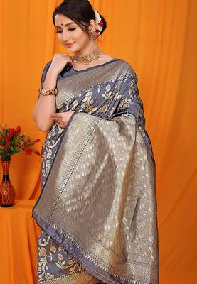 Slate grey banarasi silk blend saree with rich zari floral weaving 2