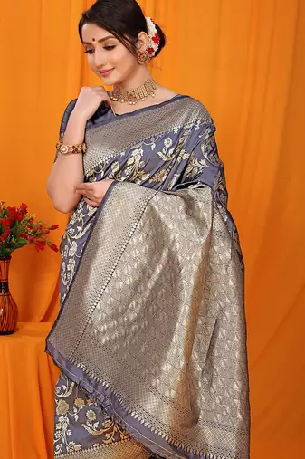 Slate grey banarasi silk blend saree with rich zari floral weaving