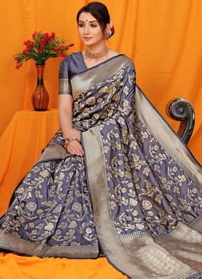 Slate grey banarasi silk blend saree with rich zari floral weaving 3