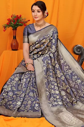 Slate grey banarasi silk blend saree with rich zari floral weaving