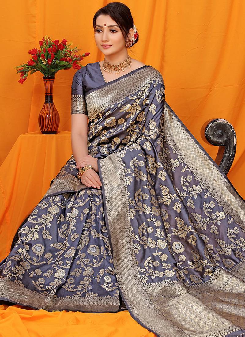 Slate grey banarasi silk blend saree with rich zari floral weaving