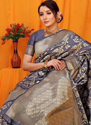 Slate grey banarasi silk blend saree with rich zari floral weaving 4