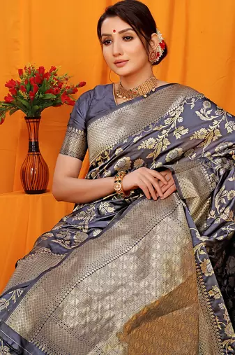 Slate grey banarasi silk blend saree with rich zari floral weaving