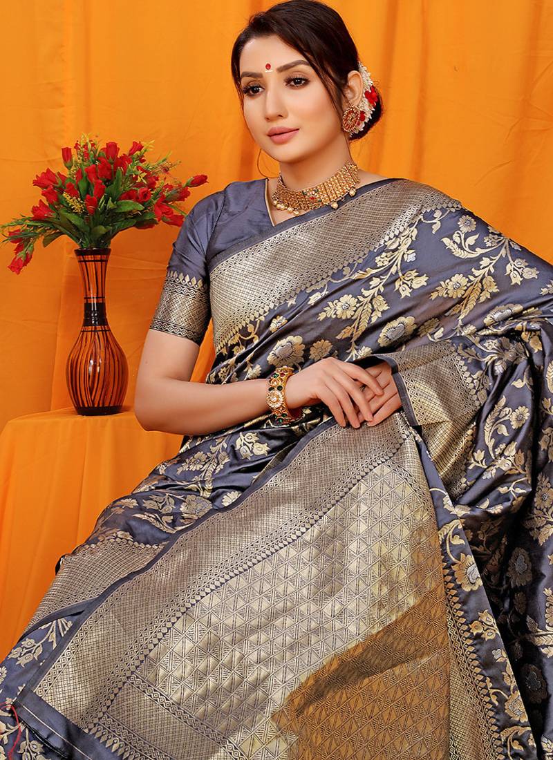 Slate grey banarasi silk blend saree with rich zari floral weaving