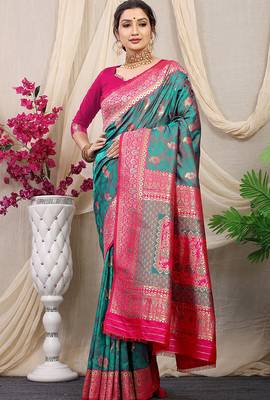 Teal green banarasi silk blend saree with rich zari woven border 1