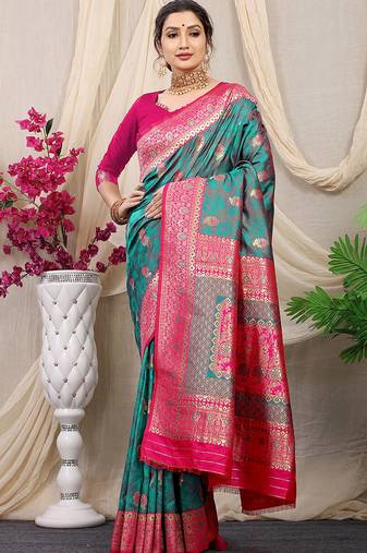 Teal green banarasi silk blend saree with rich zari woven border