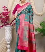 Teal green banarasi silk blend saree with rich zari woven border