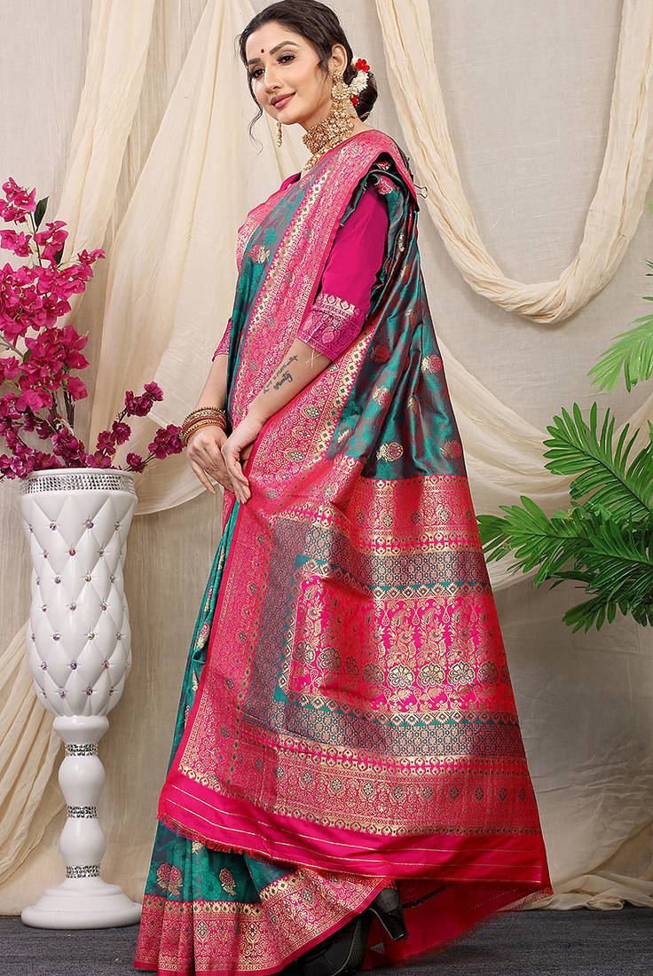Teal green banarasi silk blend saree with rich zari woven border