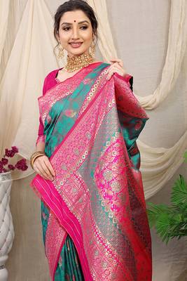 Teal green banarasi silk blend saree with rich zari woven border 3