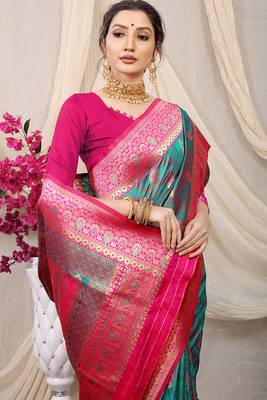 Teal green banarasi silk blend saree with rich zari woven border 4