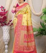 Yellow banarasi silk blend saree with rich zari woven border