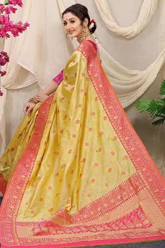 Yellow banarasi silk blend saree with rich zari woven border