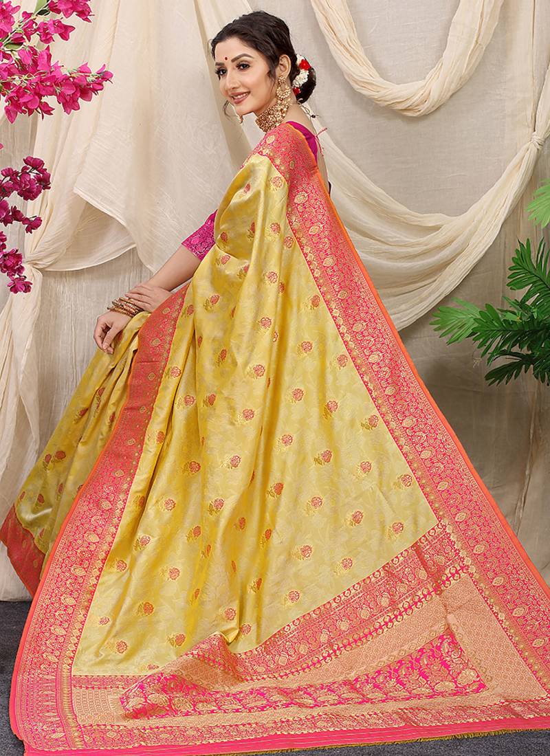 Yellow banarasi silk blend saree with rich zari woven border