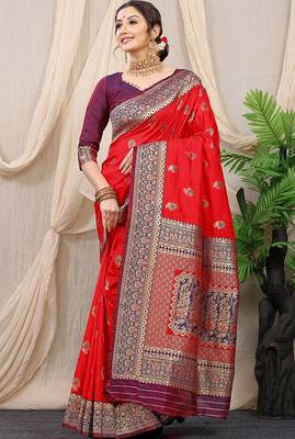 Red banarasi silk blend saree with rich zari woven border 1
