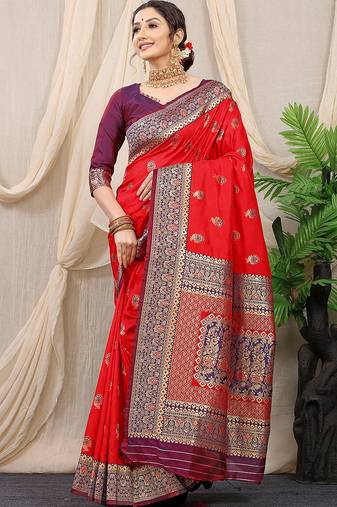 Red banarasi silk blend saree with rich zari woven border