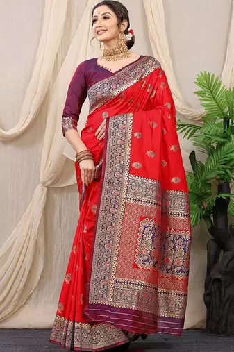 Red banarasi silk blend saree with rich zari woven border
