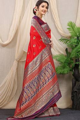 Red banarasi silk blend saree with rich zari woven border 2