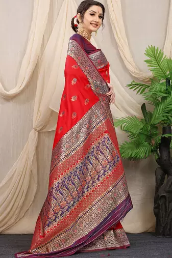 Red banarasi silk blend saree with rich zari woven border