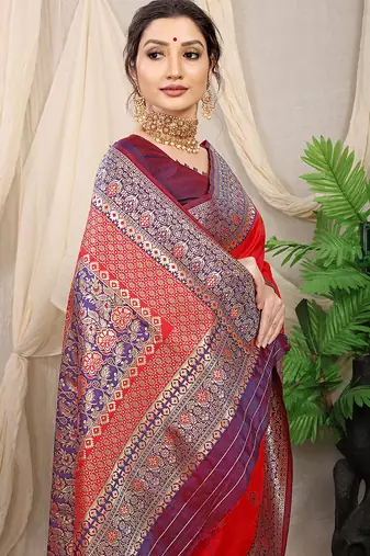 Red banarasi silk blend saree with rich zari woven border