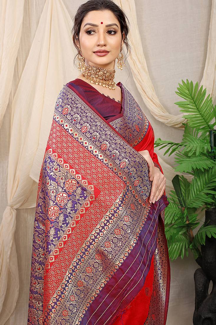 Red banarasi silk blend saree with rich zari woven border