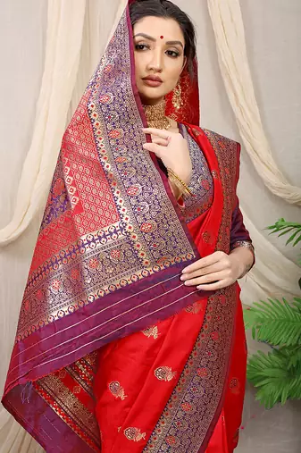 Red banarasi silk blend saree with rich zari woven border