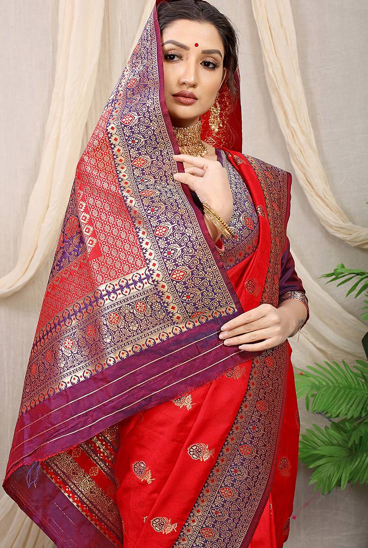Red banarasi silk blend saree with rich zari woven border