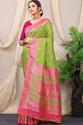 Light green banarasi silk blend saree with rich zari woven border 1