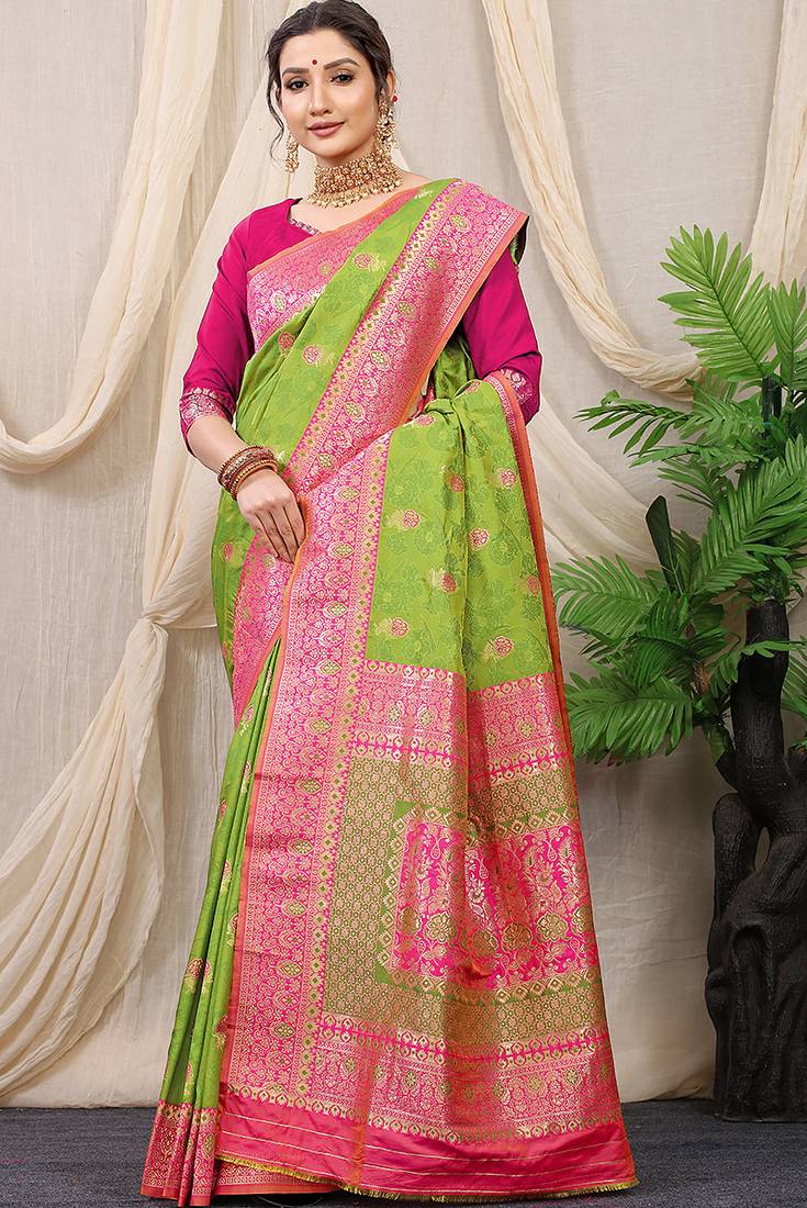 Light green banarasi silk blend saree with rich zari woven border