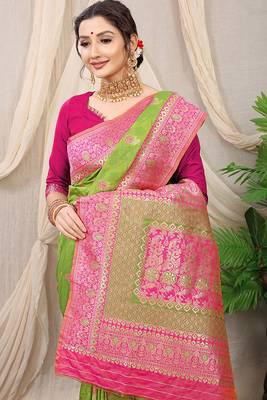 Light green banarasi silk blend saree with rich zari woven border 3
