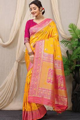 Mustard yellow banarasi silk blend saree with rich zari woven border 1