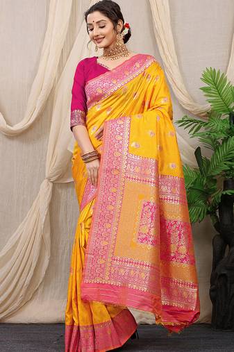 Mustard yellow banarasi silk blend saree with rich zari woven border