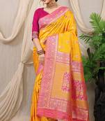 Mustard yellow banarasi silk blend saree with rich zari woven border