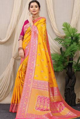 Mustard yellow banarasi silk blend saree with rich zari woven border 2