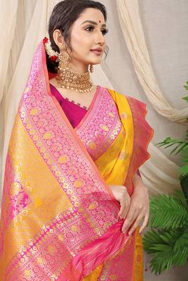 Mustard yellow banarasi silk blend saree with rich zari woven border 4