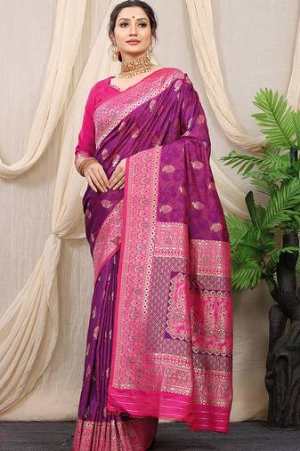 Purple banarasi silk blend saree with rich zari woven border
