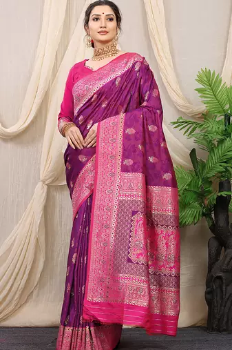 Purple banarasi silk blend saree with rich zari woven border
