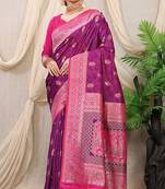 Purple banarasi silk blend saree with rich zari woven border