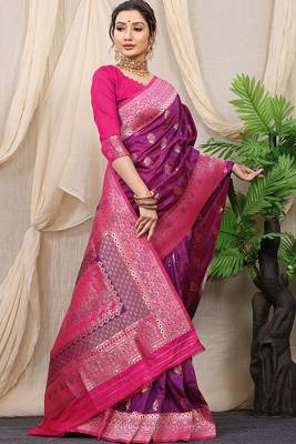 Purple banarasi silk blend saree with rich zari woven border 2