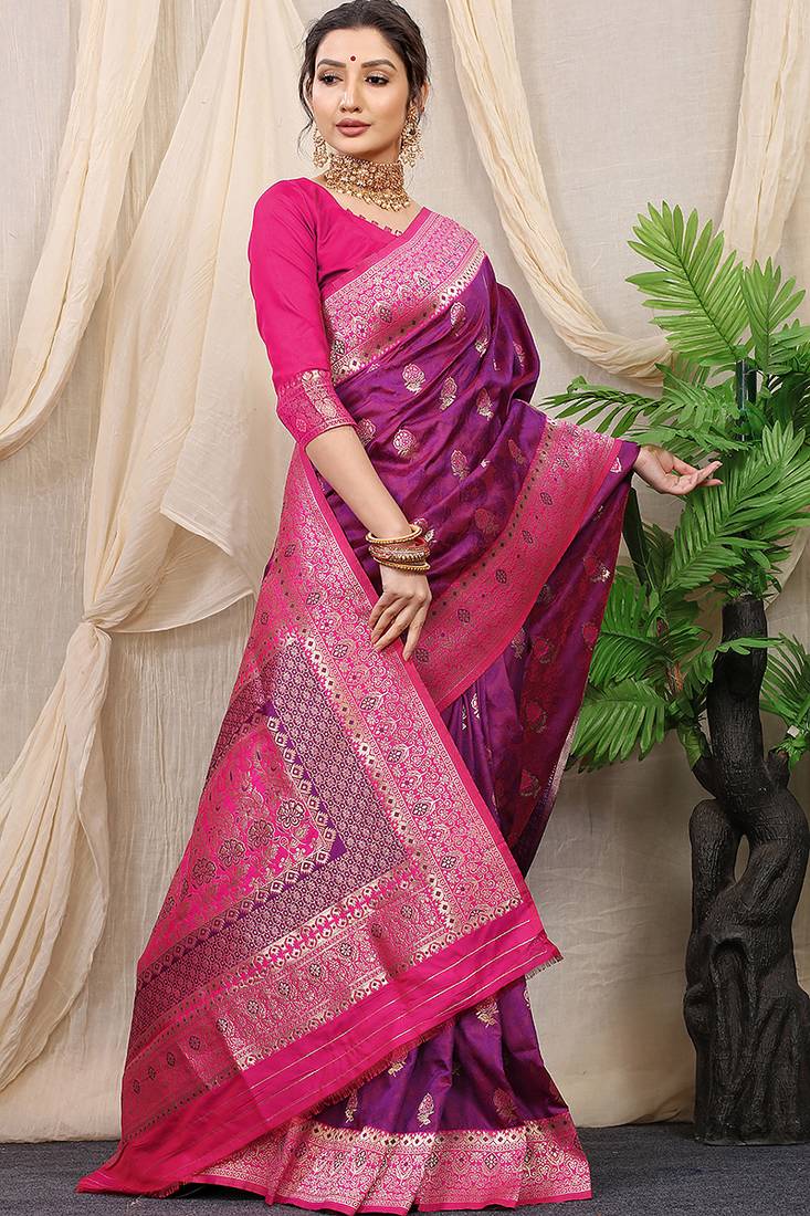 Purple banarasi silk blend saree with rich zari woven border