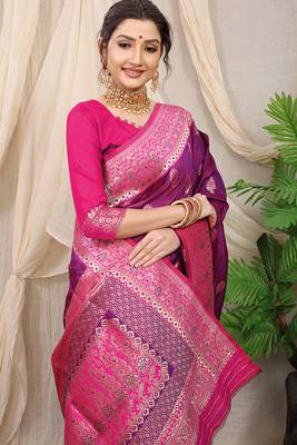 Purple banarasi silk blend saree with rich zari woven border 3