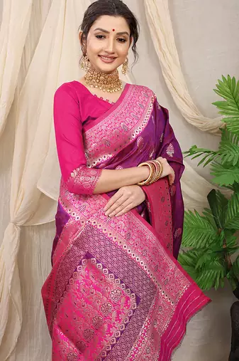Purple banarasi silk blend saree with rich zari woven border